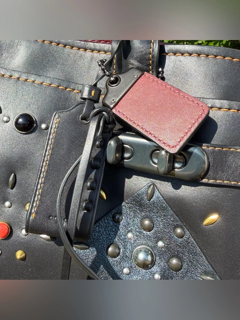 EUC Coach Double Swagger With Patchwork Prairie Rivets 25475